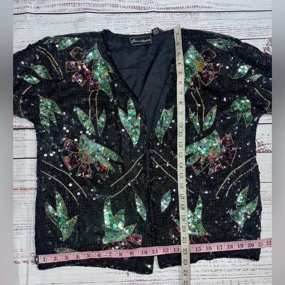 Vintage Black Sequin Silk Cardigan with Green Floral Sequin Accents - Picture 9 of 11